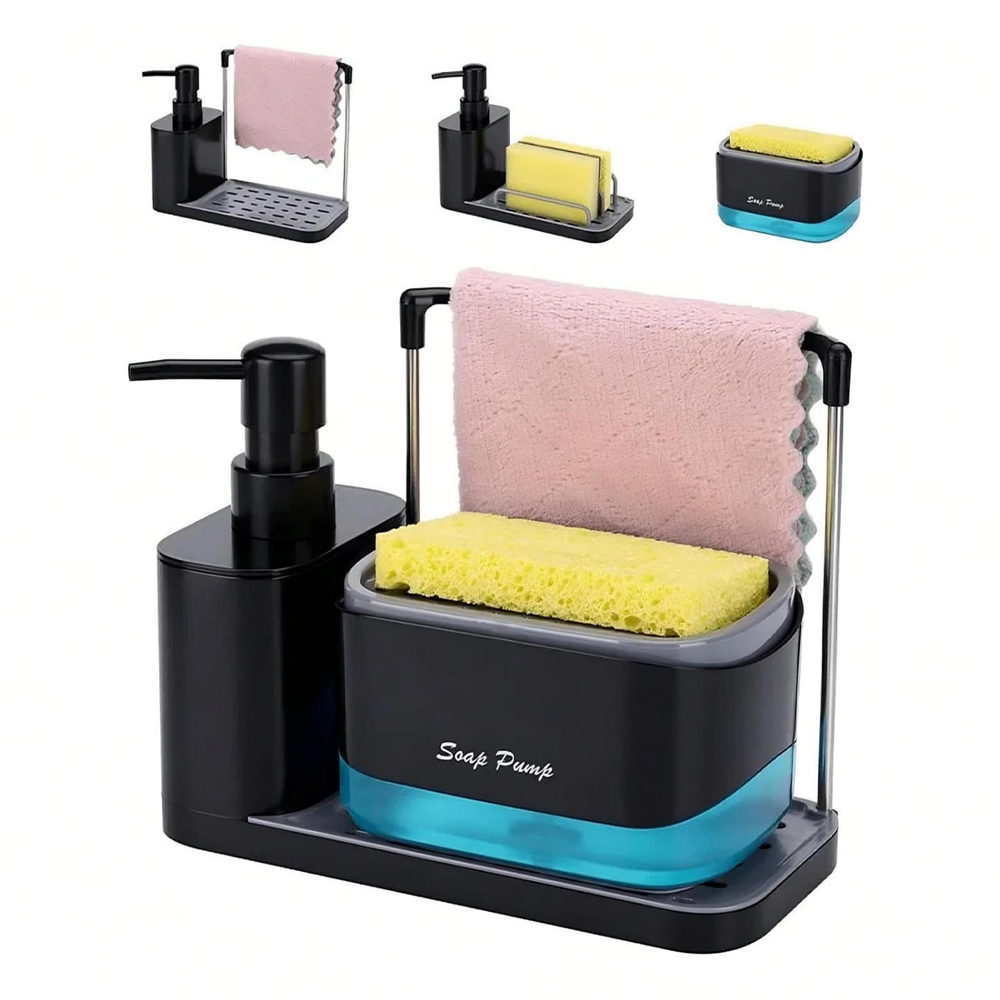 Kitchen Soap Dispenser Set with Tray and Sponge Holder, 5-in-1 Hand and Dish Soap Dispenser