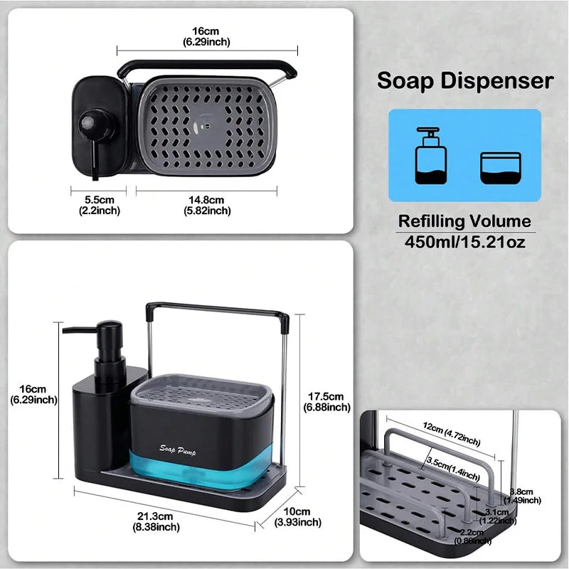 Kitchen Soap Dispenser Set with Tray and Sponge Holder, 5-in-1 Hand and Dish Soap Dispenser