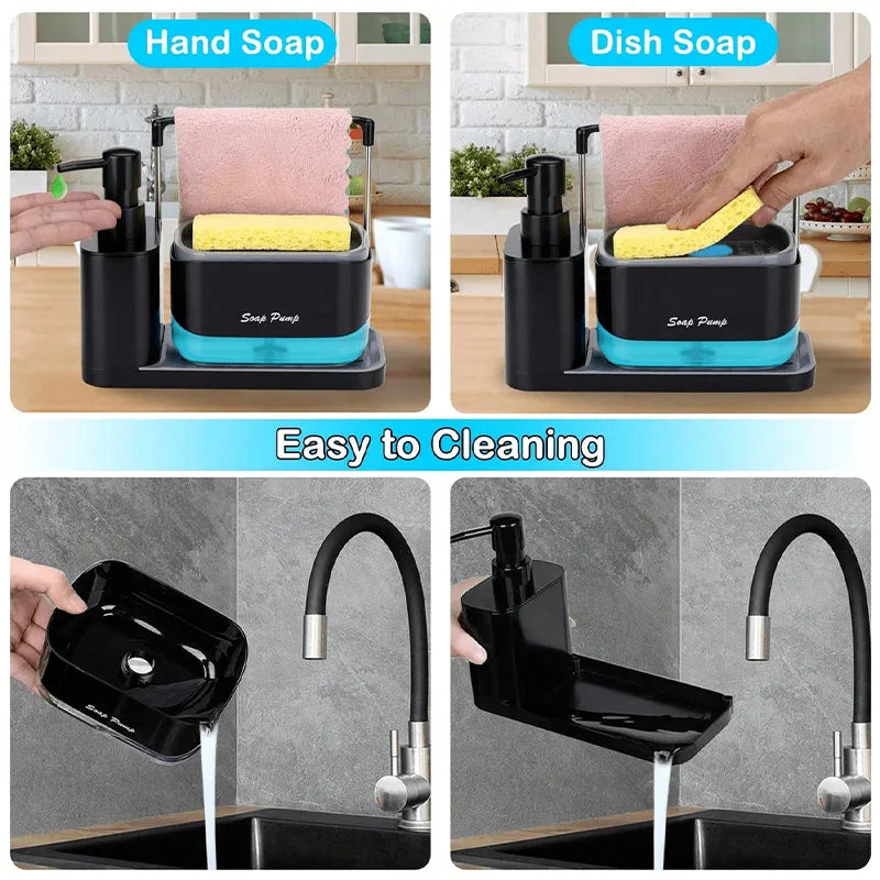 Kitchen Soap Dispenser Set with Tray and Sponge Holder, 5-in-1 Hand and Dish Soap Dispenser
